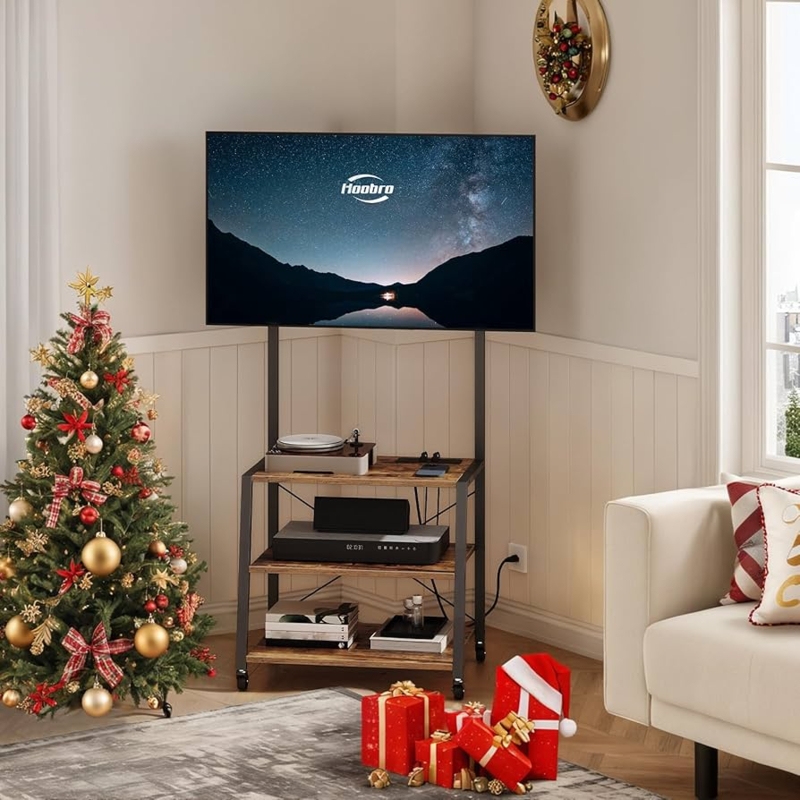 TV Stand Rolling Industrial 3-Tier Media Console with Mount