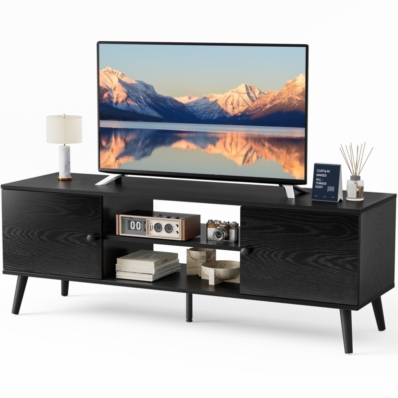 TV Stand Round Knobs Hybrid Storage Black Mid Century TV Stand