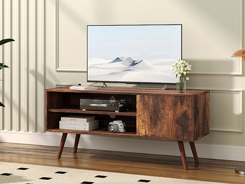 TV Stand Rustic Brown Finish Tapered Legs Mid Century Media Console