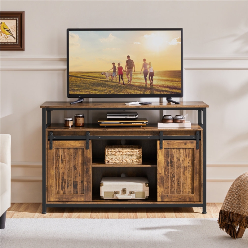 TV Stand Rustic Industrial with Sliding Barn Doors on Metal Track