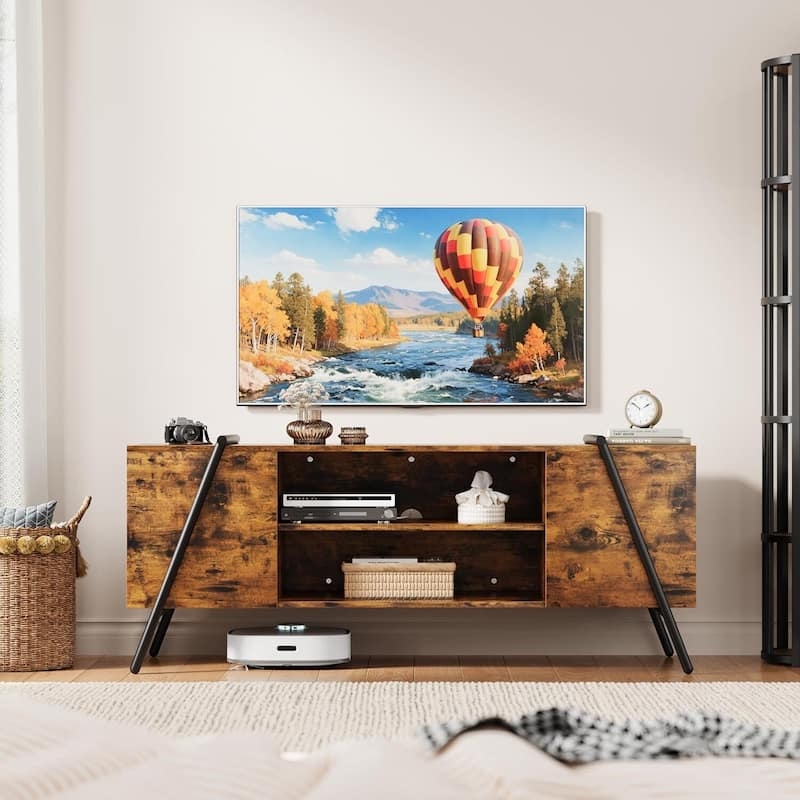 TV Stand Rustic Industrial Wood with Unique Angled Black Metal Legs