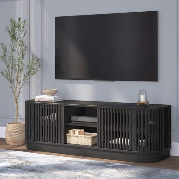 TV Stand Slatted Doors Rounded Ends Black Slatted TV Stand