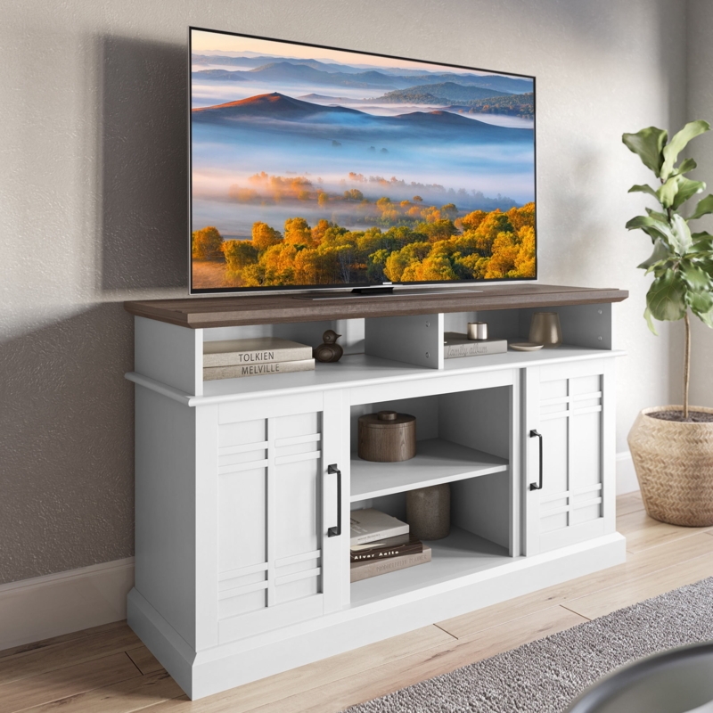TV Stand Slatted Fronts Two-Tone Finish Sliding Barn Door Console