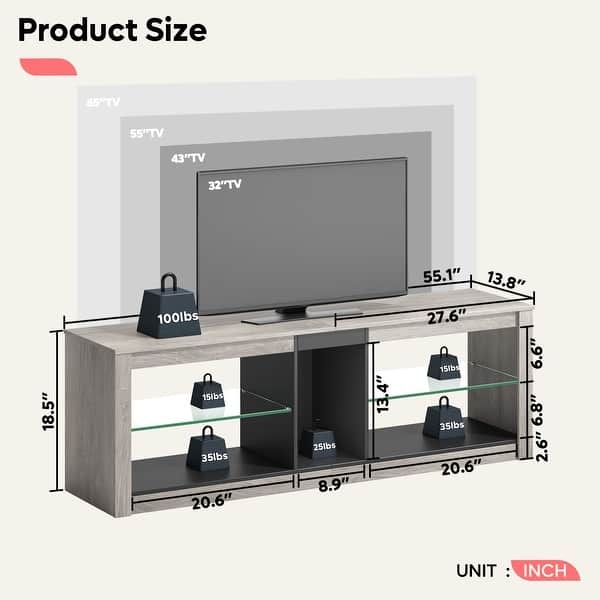 TV Stand Sleek Two-Tone Grey with Tempered Glass Shelves
