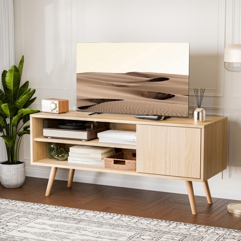 TV Stand Sliding Door Light Oak Finish Mid Century Media Console