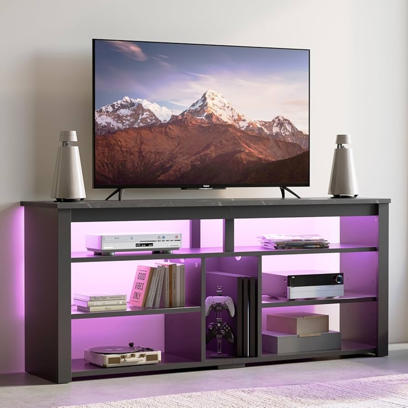 TV Stand Tall Charcoal Grey Purple LED Gaming Console Stone Top