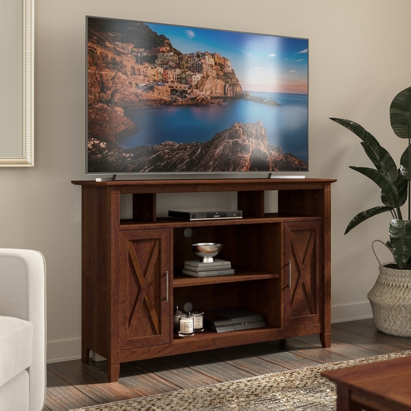 TV Stand Tall Dark Wood Transitional Farmhouse Console X-Pattern Doors