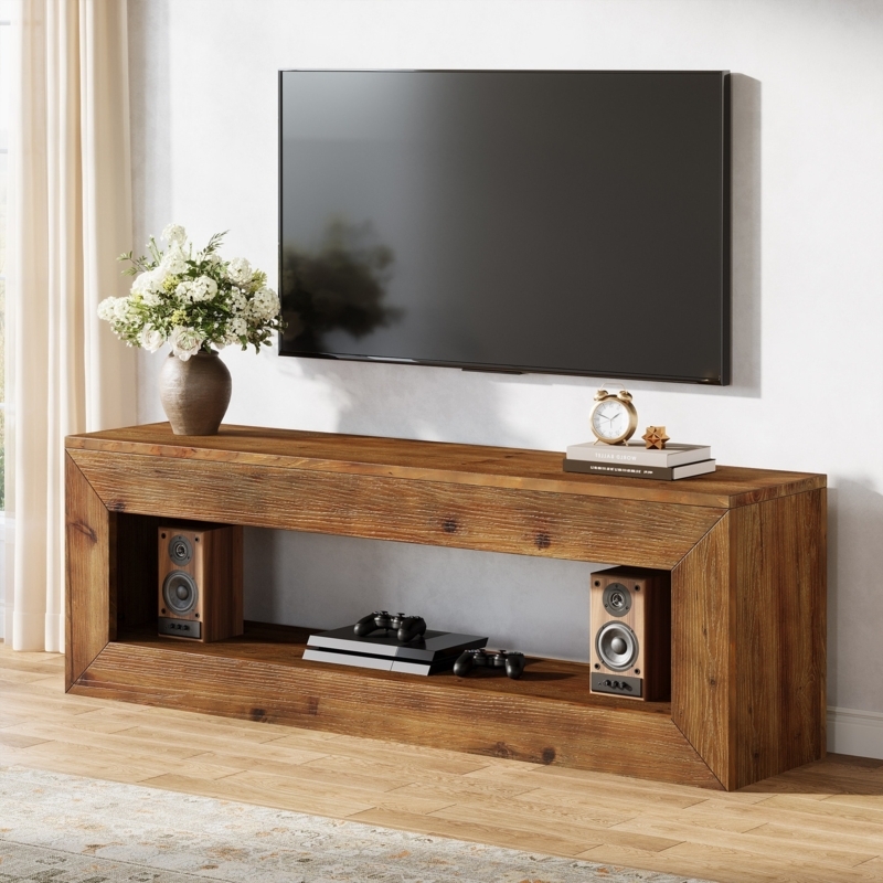 Tv Stand Thick Frame Mitered Corners Rustic Wood Open Shelf Media