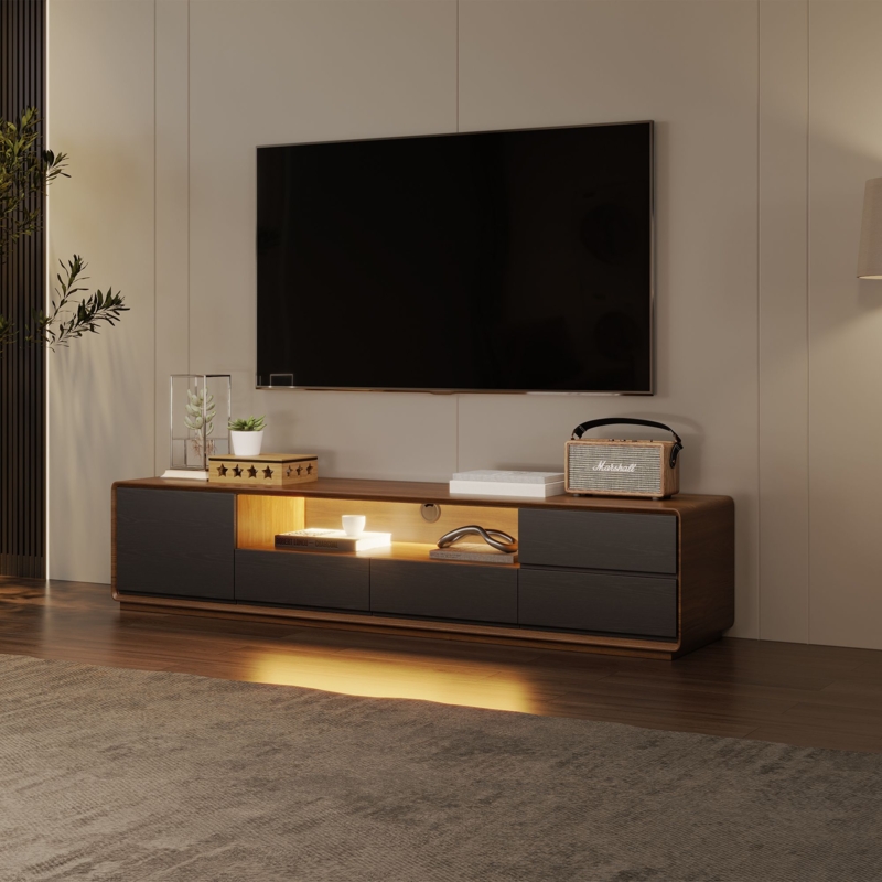 TV Stand Two-Tone Design in Walnut and Charcoal, Low Profile Console
