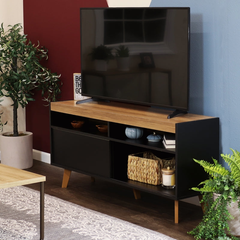 TV Stand Two-Tone Finish Sliding Door Black And Wood TV Console