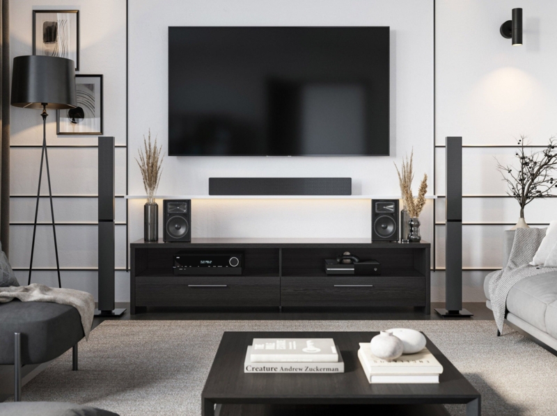 TV Stand Under Shelf Lighting Ultra Wide Silhouette Black Wood Grain