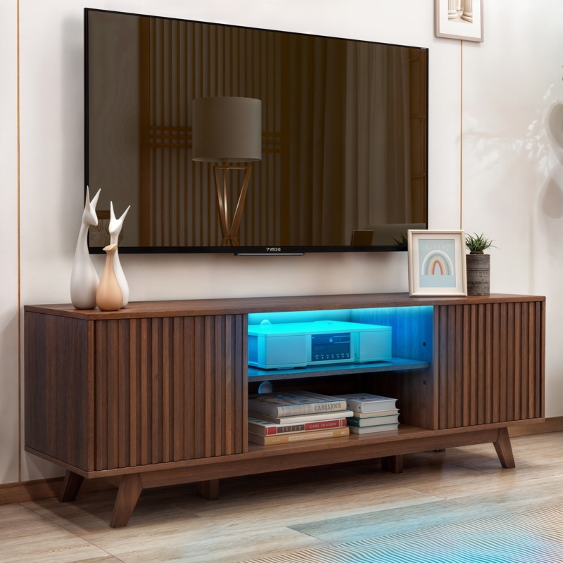 Tv Stand Walnut Mid-Century Modern with Ribbed Doors and LED Lighting