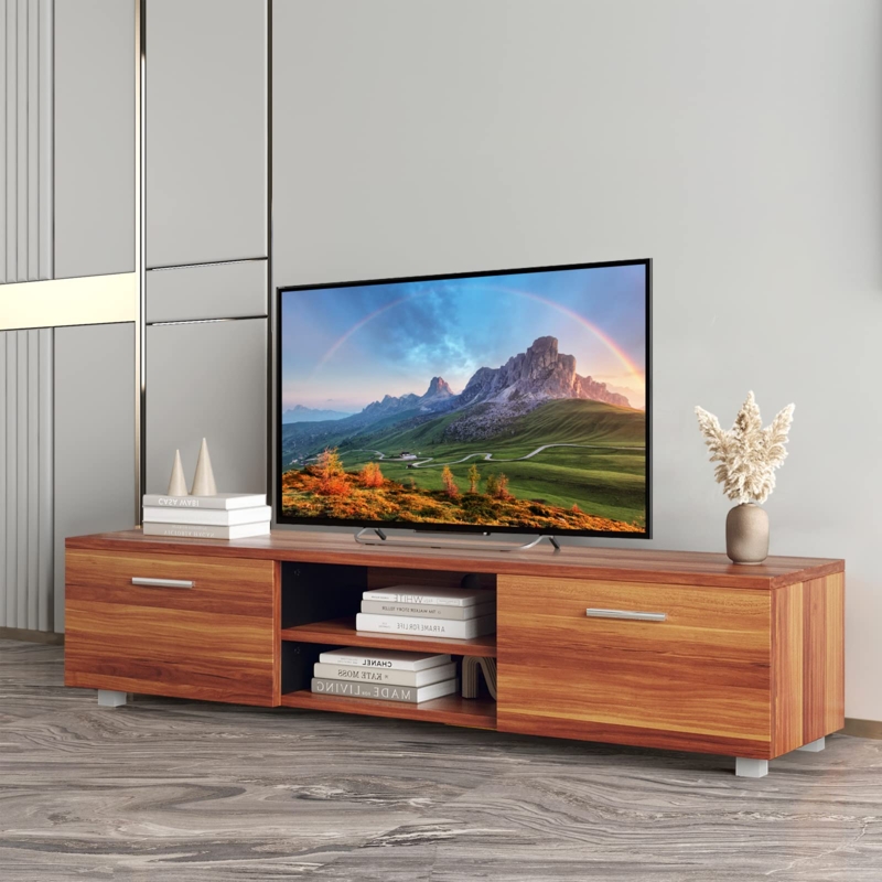 TV Stand Warm Wood Grain Finish Cabinets Low Profile Media Console