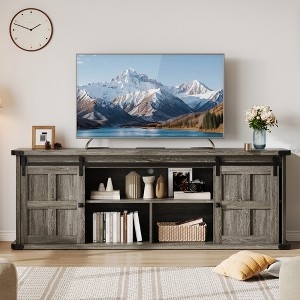 TV Stand Weathered Grey Sliding Barn Doors X-Brace Rustic Farmhouse