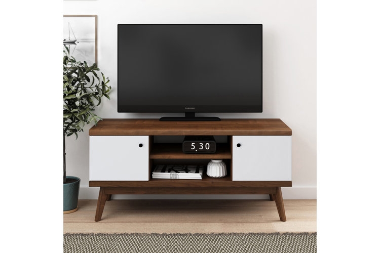 TV Stand White Doors Wood-Toned Frame Mid Century Media Console