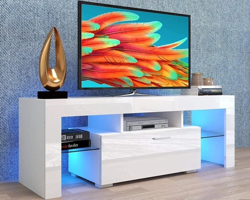 TV Stand White High Gloss with Blue LED Lights & Glass Shelves