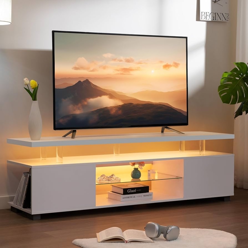 TV Stand White Integrated LED Floating Top Shelf Extra Long Profile
