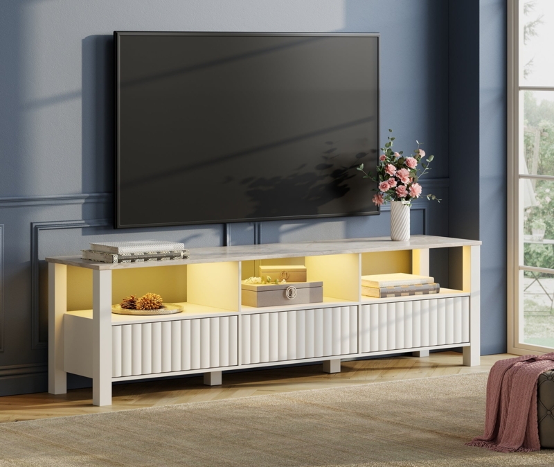 TV Stand White Ribbed Fronts Stone Look Top Integrated LED Shelves