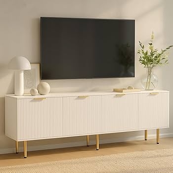 TV Stand White with Ribbed Texture Doors Mid Century Modern Style