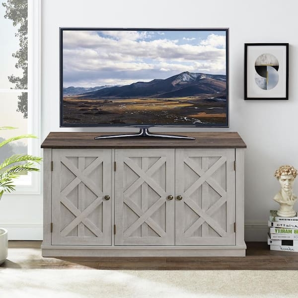 TV Stand Whitewashed Texture X-Brace Doors Two-Tone Farmhouse Console