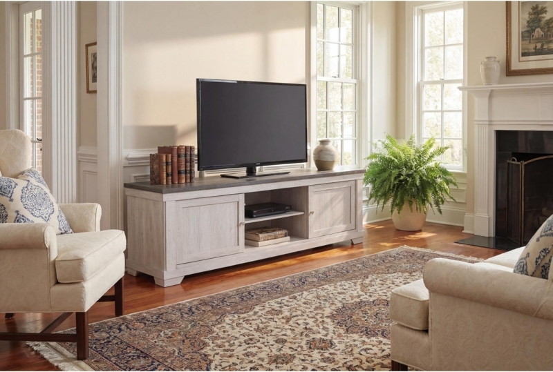 TV Stand Whitewashed Wood with Sliding Doors & Two Tone Finish