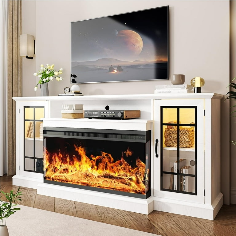 TV Stand with 3-Sided Glass Fireplace and Illuminated Side Cabinets