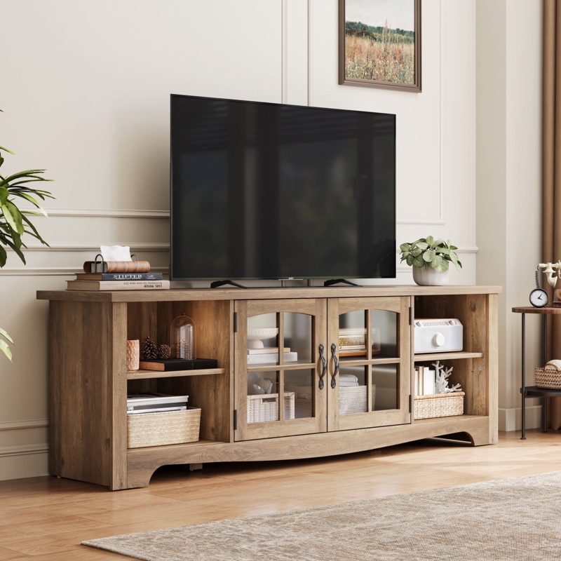 TV Stand with Arched Base and Mullioned Glass Doors in Warm Brown