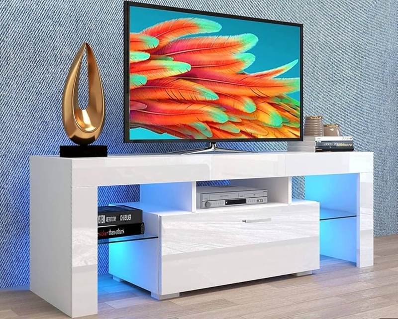 TV Stand with Blue LED Lighting High Gloss White Media Console
