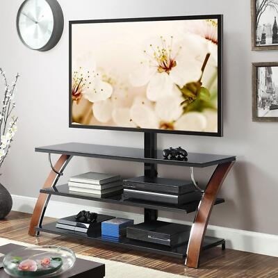 TV Stand with Curved Cherry Sides and Black Glass Shelves