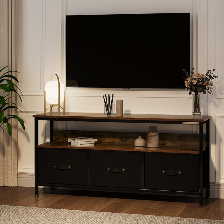 TV Stand with Fabric Drawers Industrial Black and Wood Console