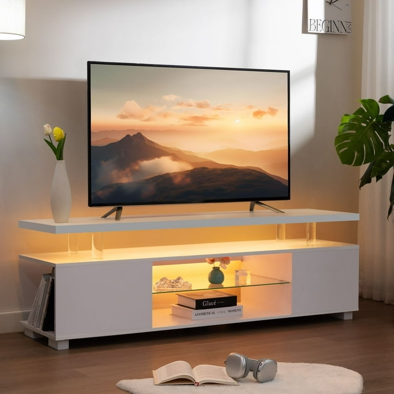 TV Stand with Floating Top Effect, White Integrated LED Lighting Unit