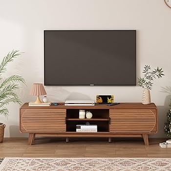TV Stand with Fluted Sliding Doors and Rounded Corners in Walnut