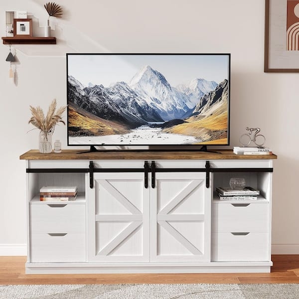 TV Stand with Four Drawers, Two-Tone White and Wood Finish