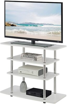 TV Stand with Four Tiers, Silver Pillars, and White Open Shelving