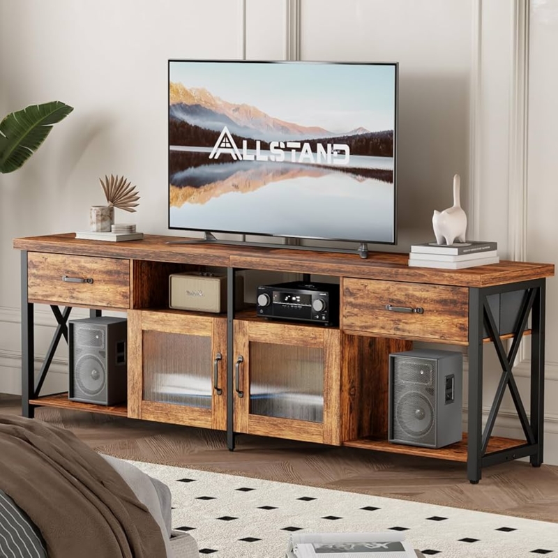 TV stand with glass doors, drawers, and industrial X-frame.