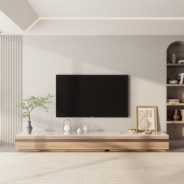 TV Stand with Glossy Stone Top, Modern Light Wood Finish Console