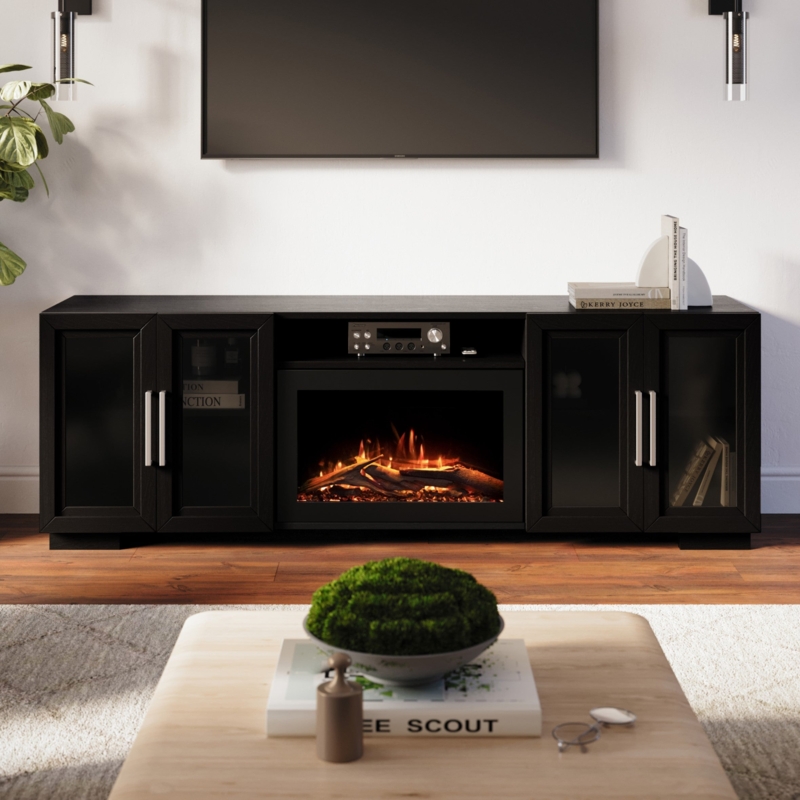 TV Stand with Integrated Electric Fireplace and Glass Doors