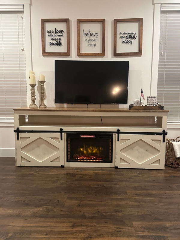 TV Stand with Integrated Electric Fireplace, Whitewashed Finish