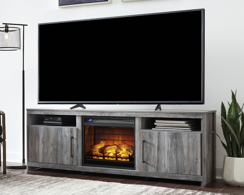 TV Stand with Integrated Fireplace in Smokey Grey Finish