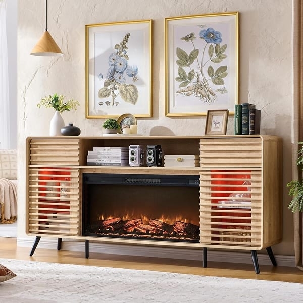 TV Stand with Integrated Fireplace, Tapered Black Legs, Slatted Doors.