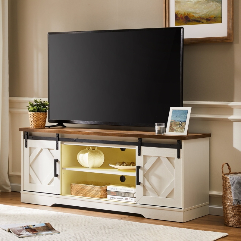 TV Stand with Integrated LED Shelves, Two-Tone White & Brown Finish