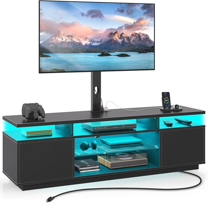 TV Stand with Integrated Mount and Cyan LED Lighting, Gaming Console.
