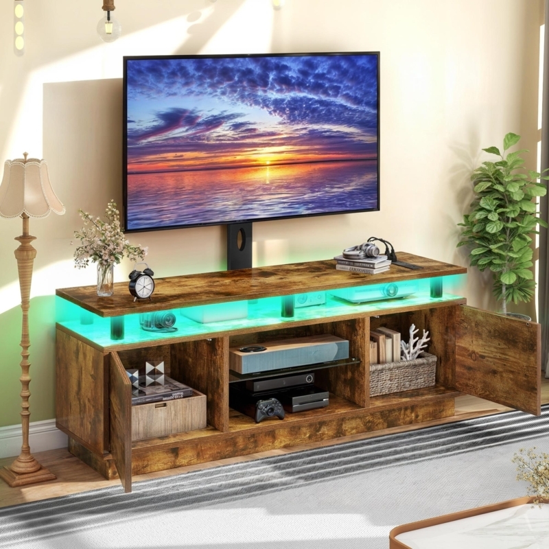 TV Stand with Integrated Mount, Green LED Lighting and Glass Shelving