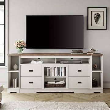 TV Stand with Integrated Side Shelves White and Wood Media Console