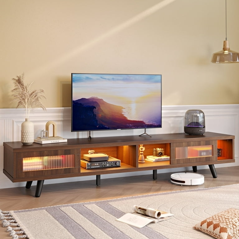 TV Stand with Ribbed Glass Doors, Integrated LED Lighting, 70 Inch.