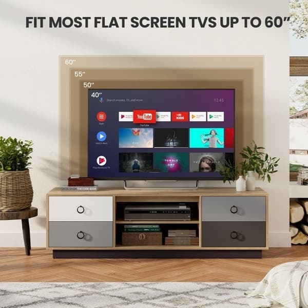 TV Stand with Ring Pull Handles and Multi-Tone Gray Drawers, Wood Frame