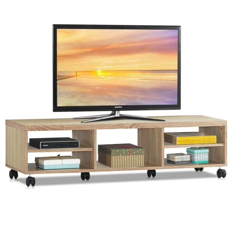 TV Stand with Rolling Casters, Wood Toned Finish, Mobile Media Center
