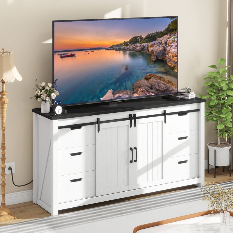 TV Stand with Six Drawers and Two-Tone White & Black Finish