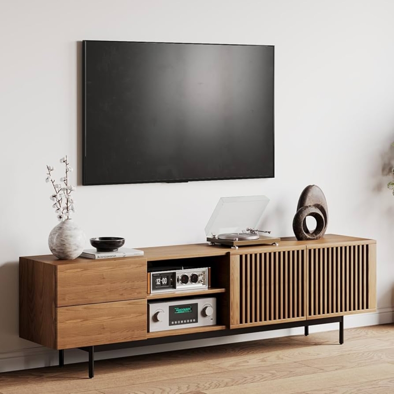 TV Stand with Slatted Doors, Asymmetric Wood Media Console.