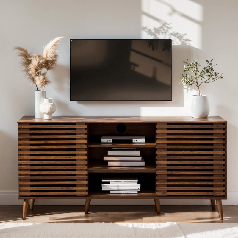 TV Stand with Slatted Sliding Doors, Ribbed Surface, Matte Finish.